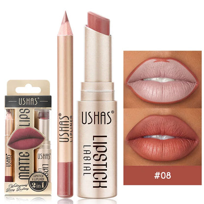 Waterproof 2-in-1 matte lipstick and lip liner, essential cosmetics for defined & durable lip color.