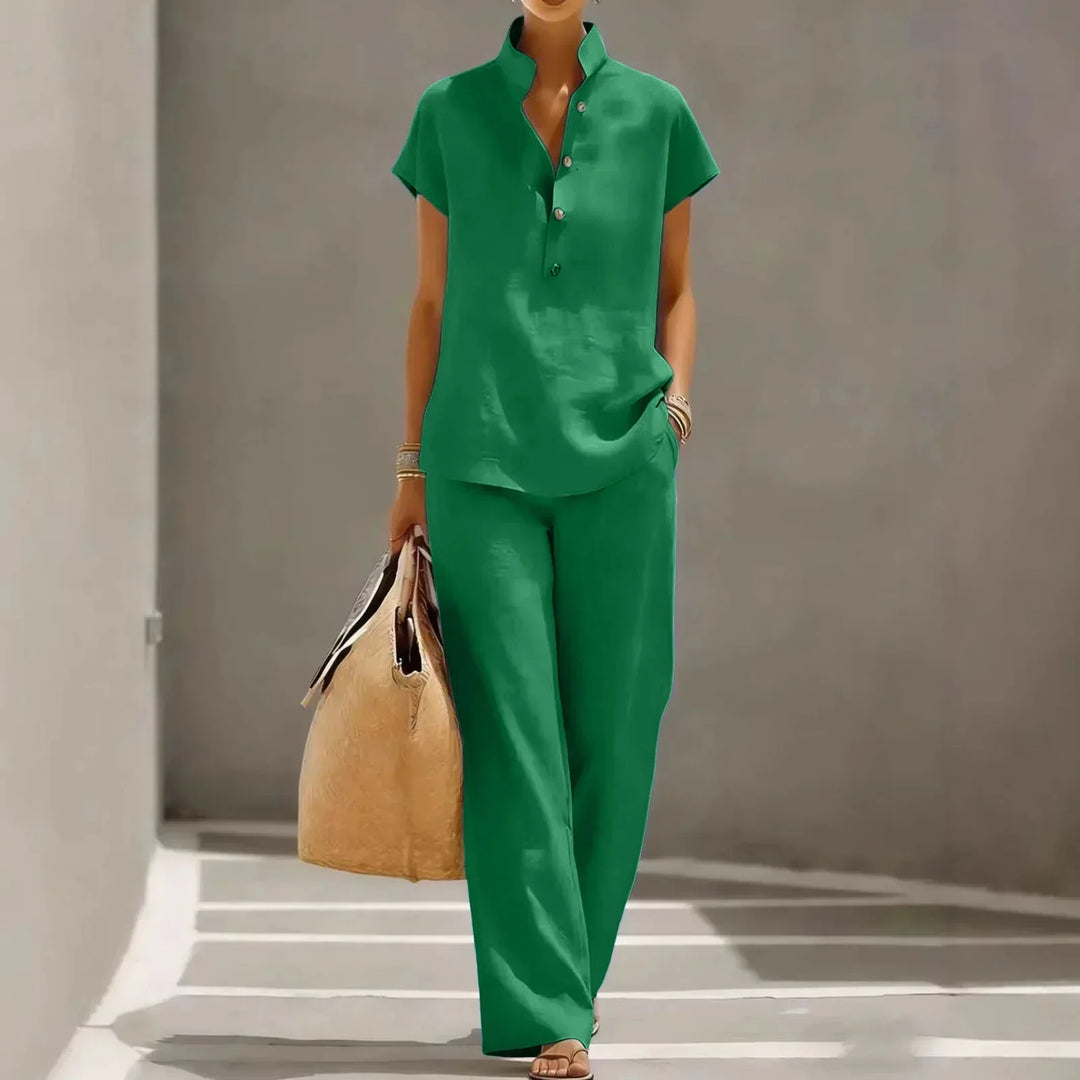 Women's two-piece casual set featuring a short sleeve top and comfortable wide-leg pants for summer outfits.