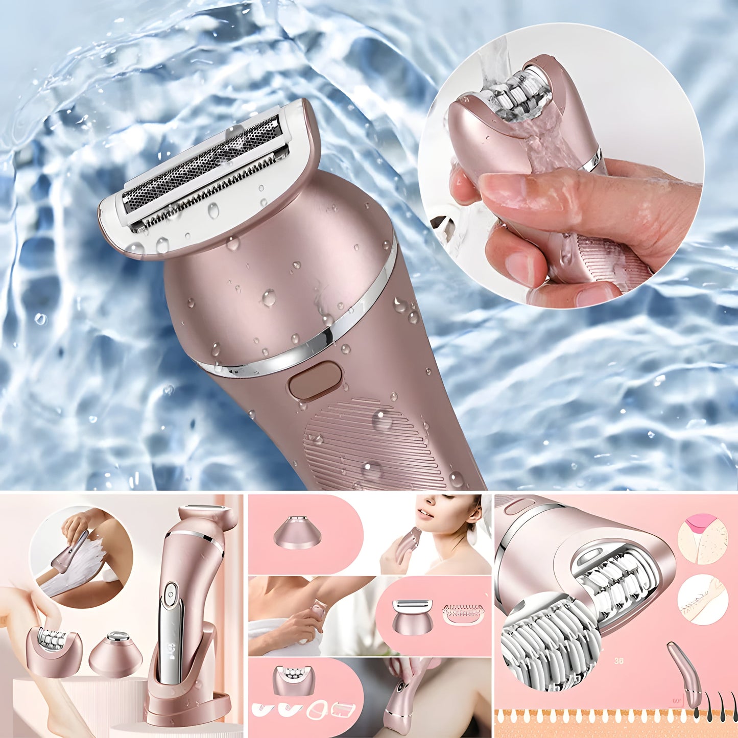 Electric bikini trimmer for women, waterproof for wet/dry use, provides smooth, painless hair removal.