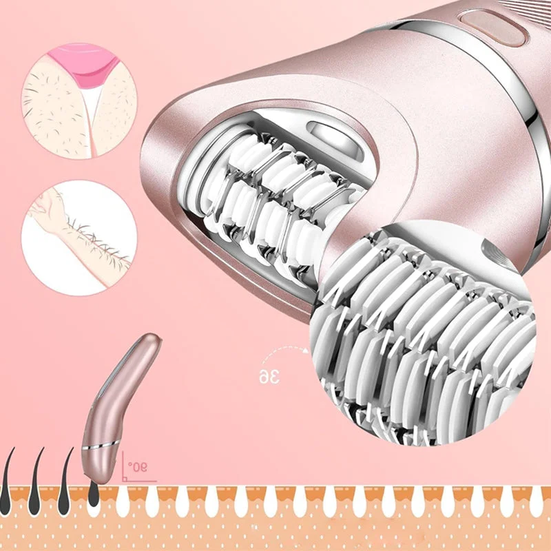 Painless women's electric shaver with multi-function heads, waterproof for smooth, comfortable hair removal.