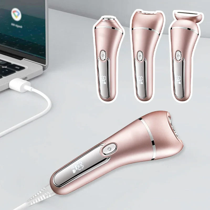 Versatile women's electric shaver, 3-in-1 waterproof for legs, underarms & bikini, smooth results.