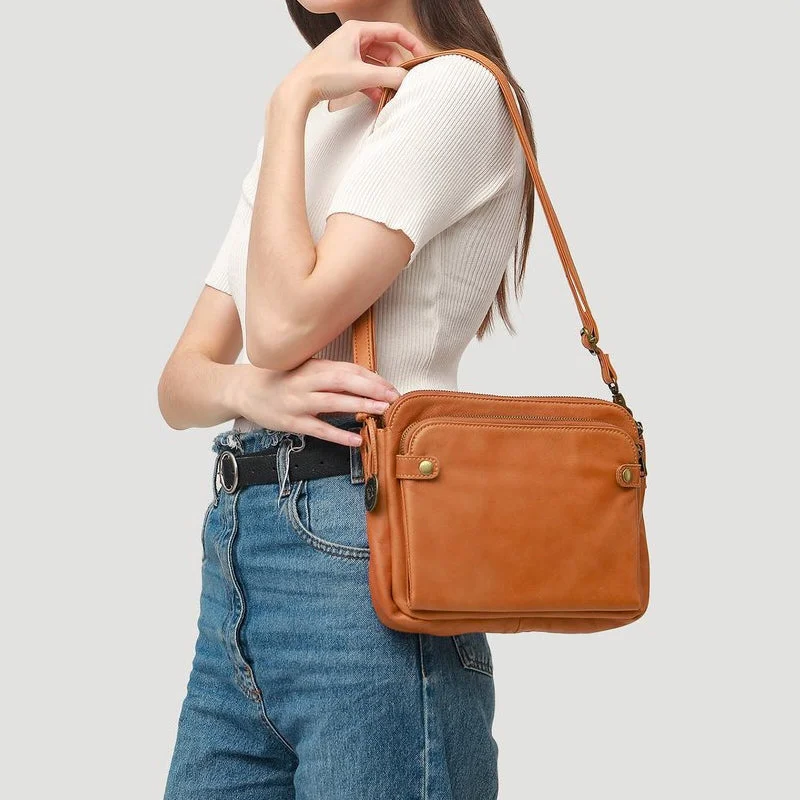 Women's 3-layer genuine leather crossbody bag, shoulder strap, compact & organized for daily essentials.