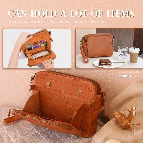 Compact 3-layer leather crossbody bag & clutch for women, versatile for everyday use.