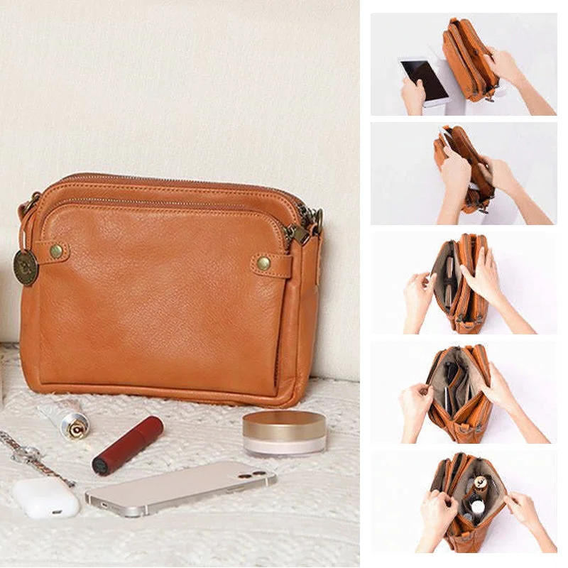 Front view of a women's genuine leather 3-layer crossbody shoulder bag, sleek & functional.