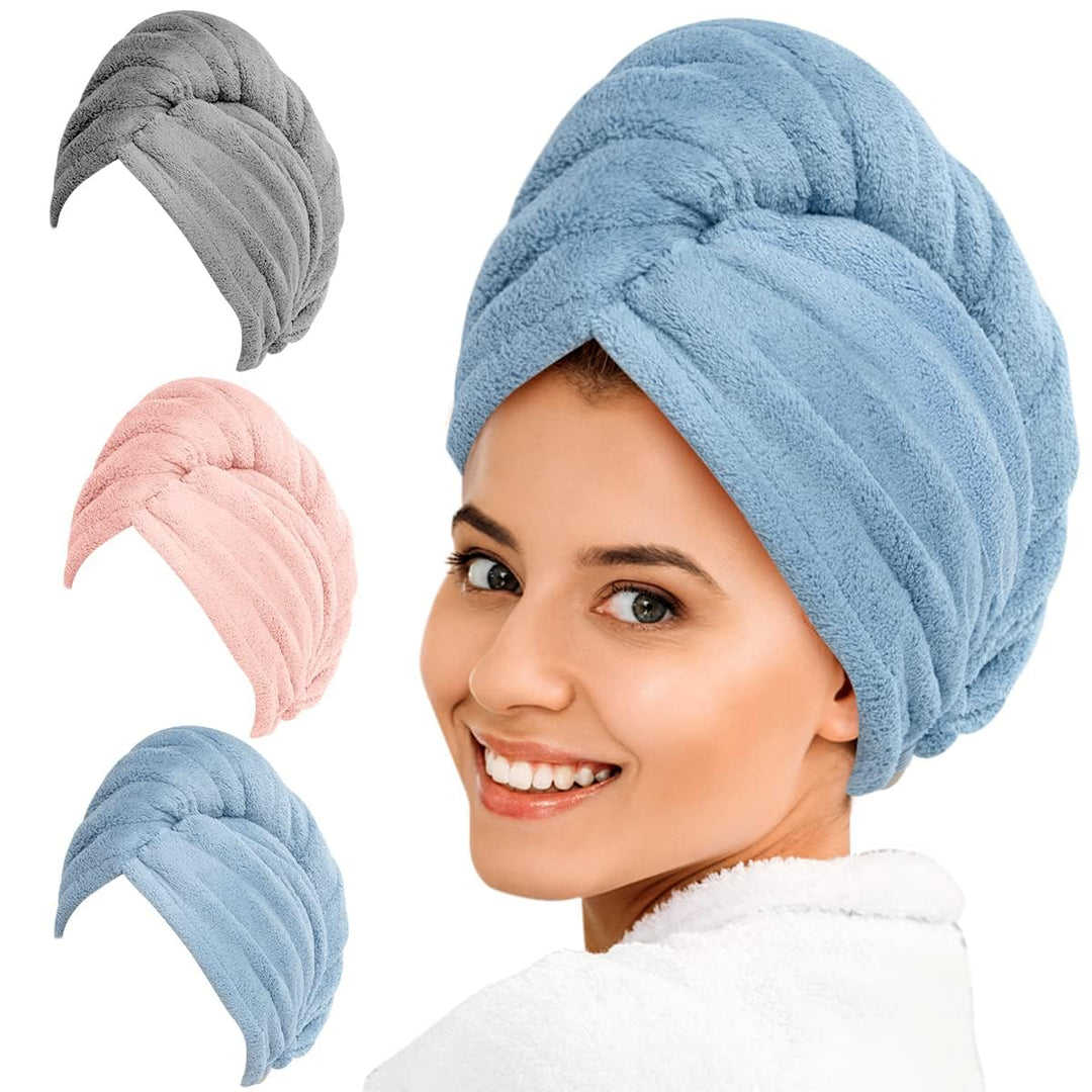 Women's 3-pack microfiber hair towel wraps for fast drying & anti-frizz hair.