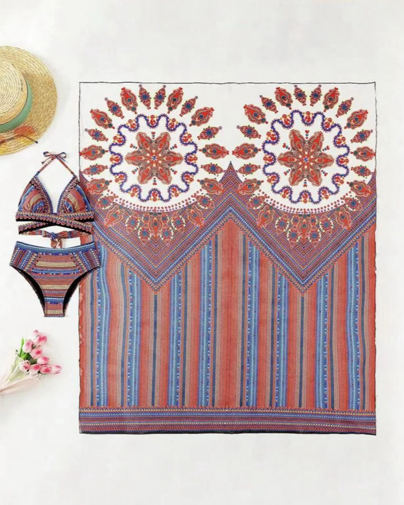 Back view of women's high-waisted boho bikini and stylish kimono cover-up, ideal beachwear.