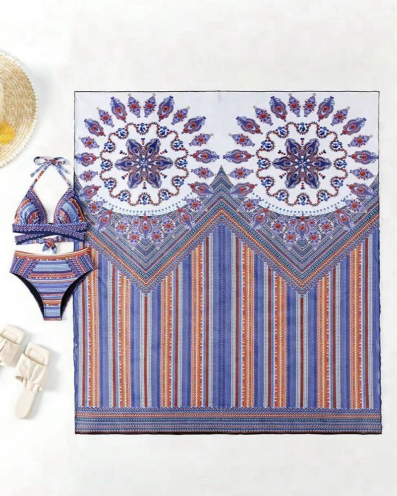 Front view of the women's 3-piece boho swim set, showcasing the vibrant print and chic design.
