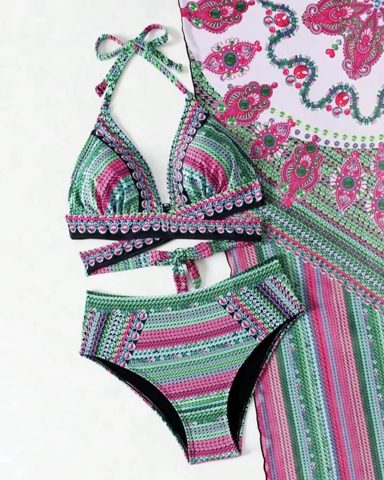 Chic women's boho 3-piece swim set, featuring a comfortable high-waisted bikini and matching kimono.