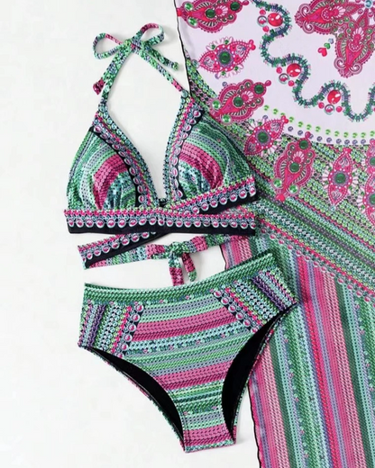 Chic women's boho 3-piece swim set, featuring a comfortable high-waisted bikini and matching kimono.