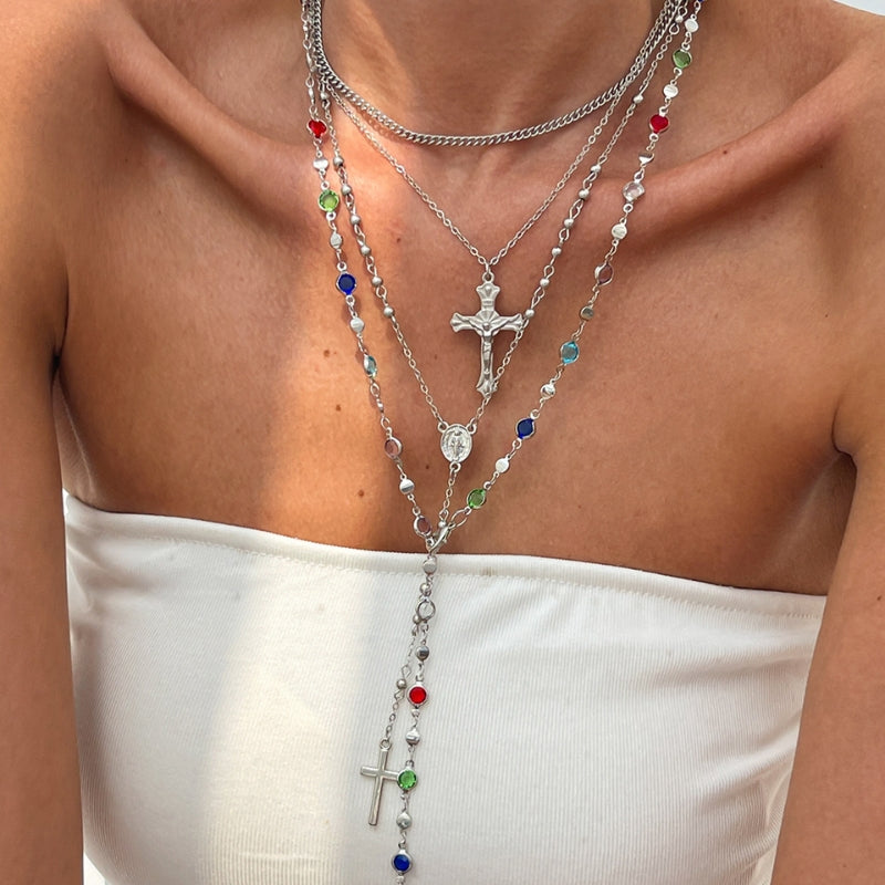 Elegant women's layered cross necklace set in gold and silver, 4 individual spiritual pendants with crystal details.