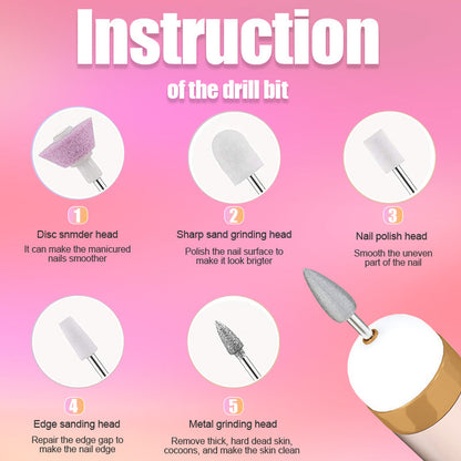 Electric nail polisher kit with various heads for buffing, shaping, and cuticle care.
