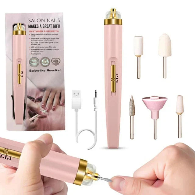 Close-up of 5-in-1 electric nail polisher with attachments for precise nail shaping & buffing.