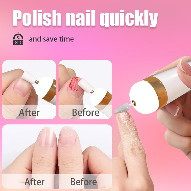 Multi-functional 5-in-1 electric nail care tool for polishing, buffing, and shaping.