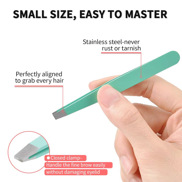 Opened travel case revealing a well-organized 6-piece precision eyebrow tweezer set for facial care.