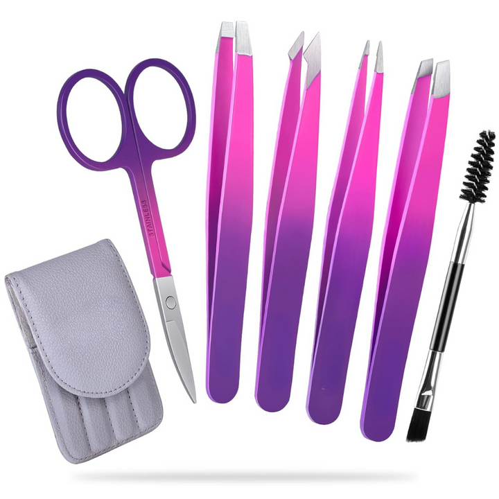 Close-up of fine-tip precision tweezers from the 6-piece eyebrow grooming kit.