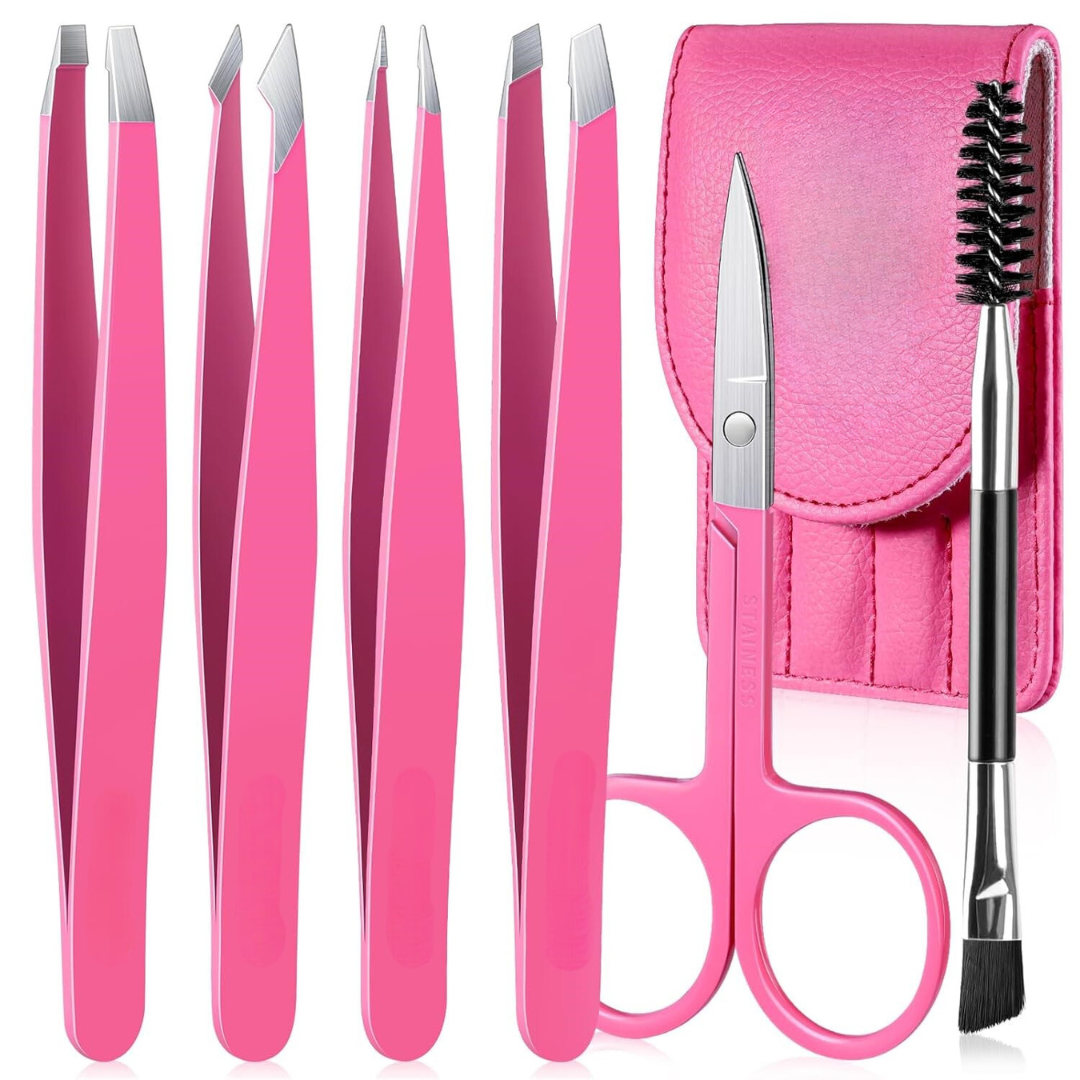 Compact travel case holding 6 stainless steel precision eyebrow tweezers for on-the-go beauty.