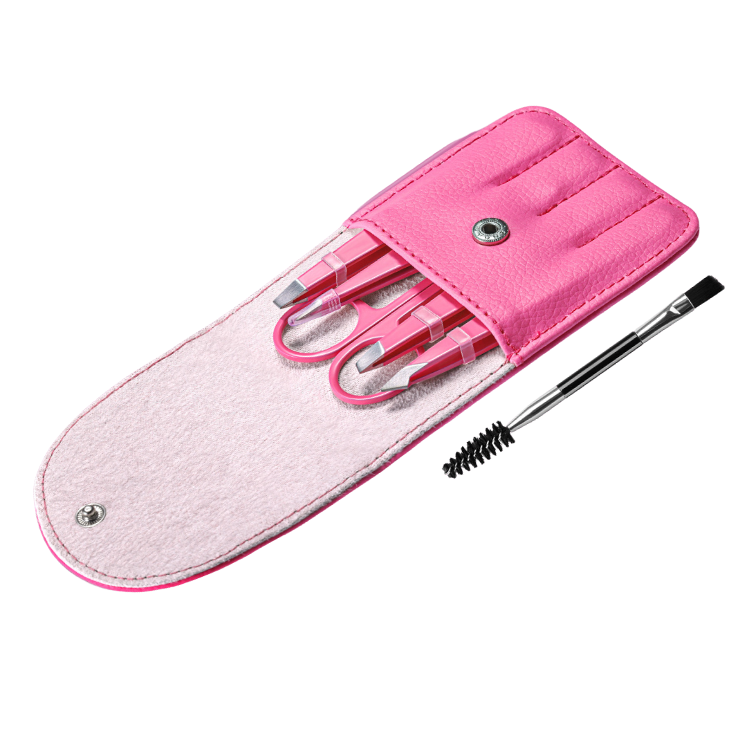 Professional 6-piece women's eyebrow shaping and grooming kit with various precision tools.