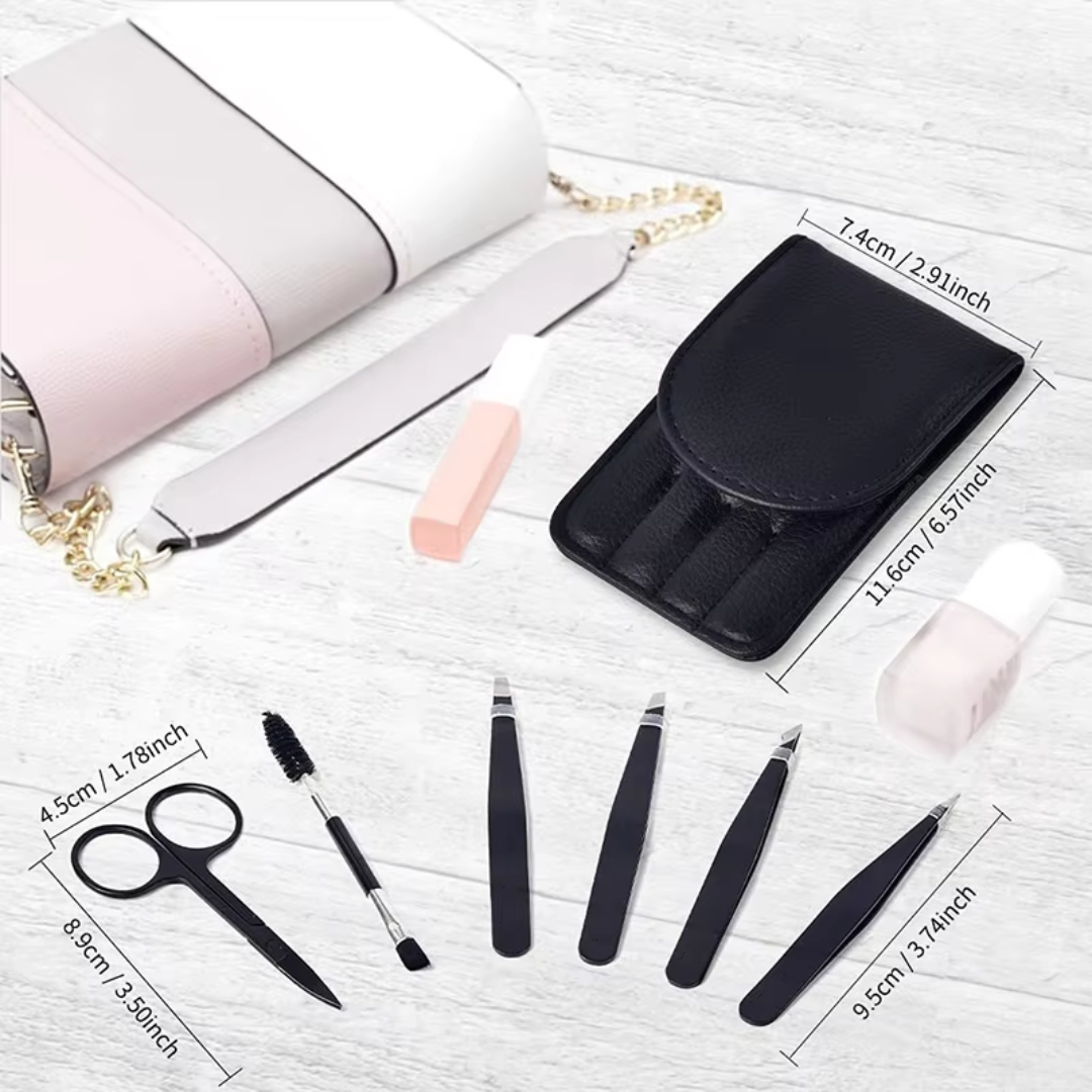 Assorted precision eyebrow tweezers (slant, pointed, flat) in a 6-piece grooming set.
