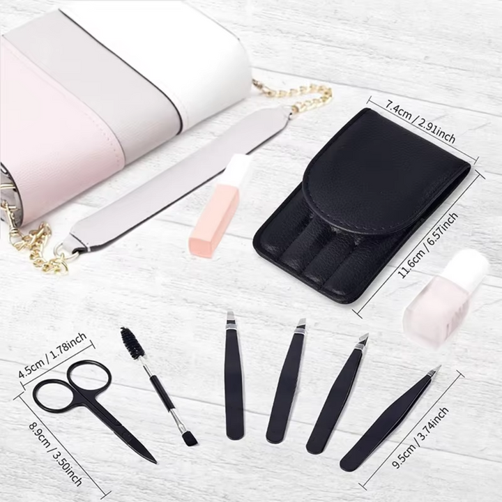 Assorted precision eyebrow tweezers (slant, pointed, flat) in a 6-piece grooming set.
