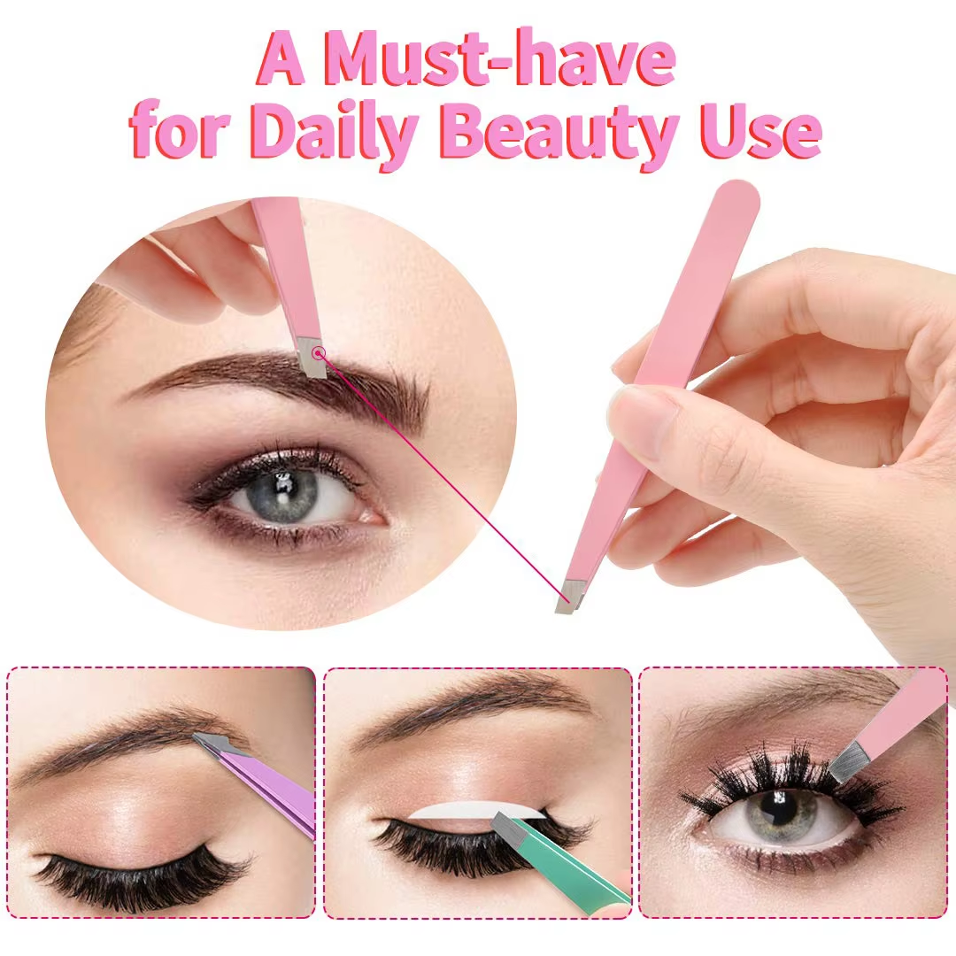 Slant-tip stainless steel precision tweezer from the 6-piece eyebrow grooming kit.