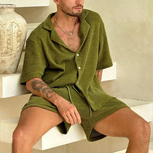 Women's 90s textured two-piece lounge set with t-shirt and shorts, perfect for casual summer comfort.