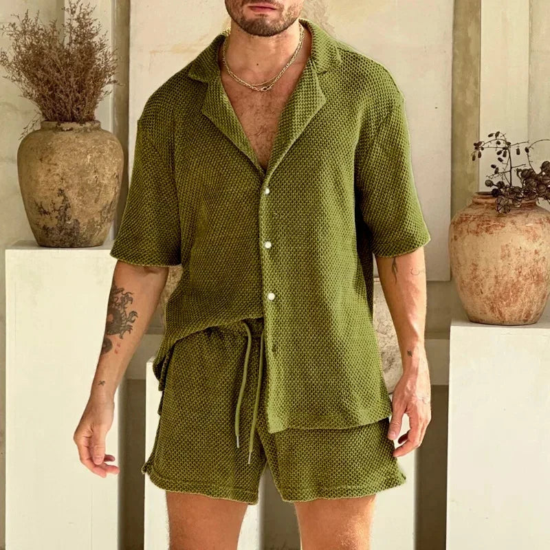 Comfortable women's textured 90s lounge set. Two-piece includes a relaxed t-shirt and matching shorts for summer.