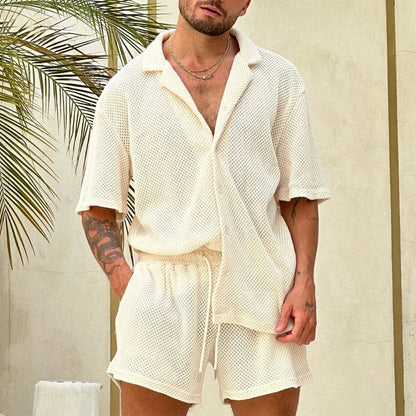 Relaxed women's 90s textured lounge set. Two-piece with t-shirt and shorts, perfect for summer casual comfort.