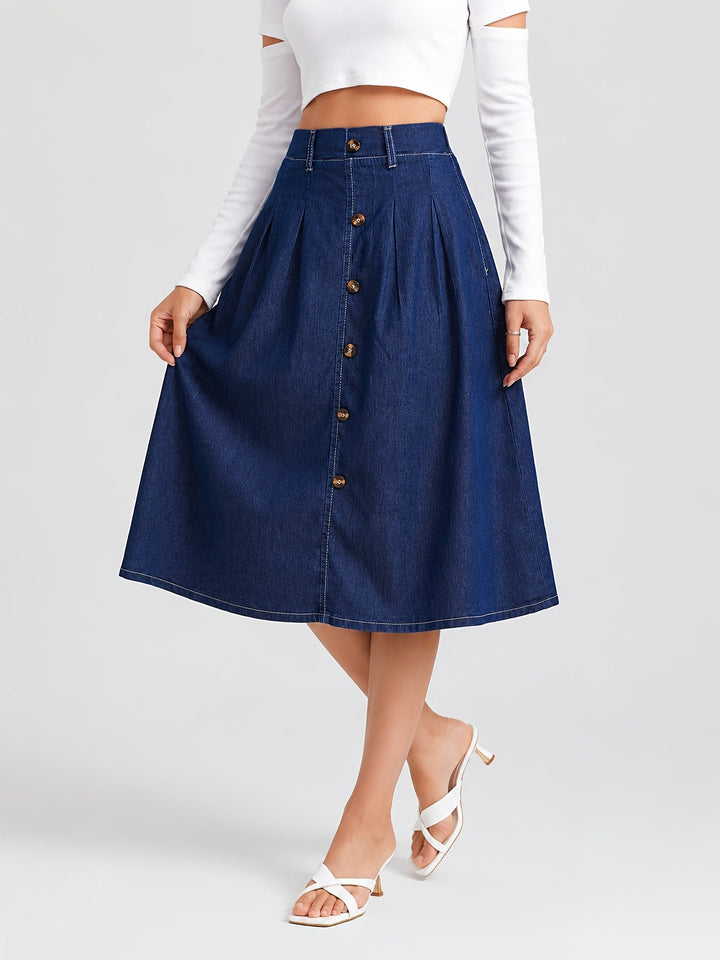Women's A-line denim midi skirt with button front & pleated style, perfect for casual everyday wear.