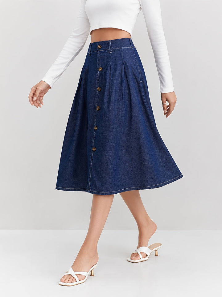 Versatile women's A-line blue denim midi skirt, button-front, pleated, great for everyday casual style.