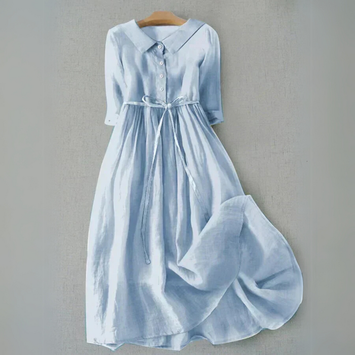 Women's A-line midi dress with short sleeves, perfect for casual spring & summer fashion.
