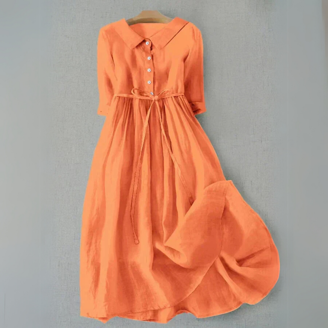 Comfortable women's short sleeve A-line midi dress, ideal for versatile everyday style.