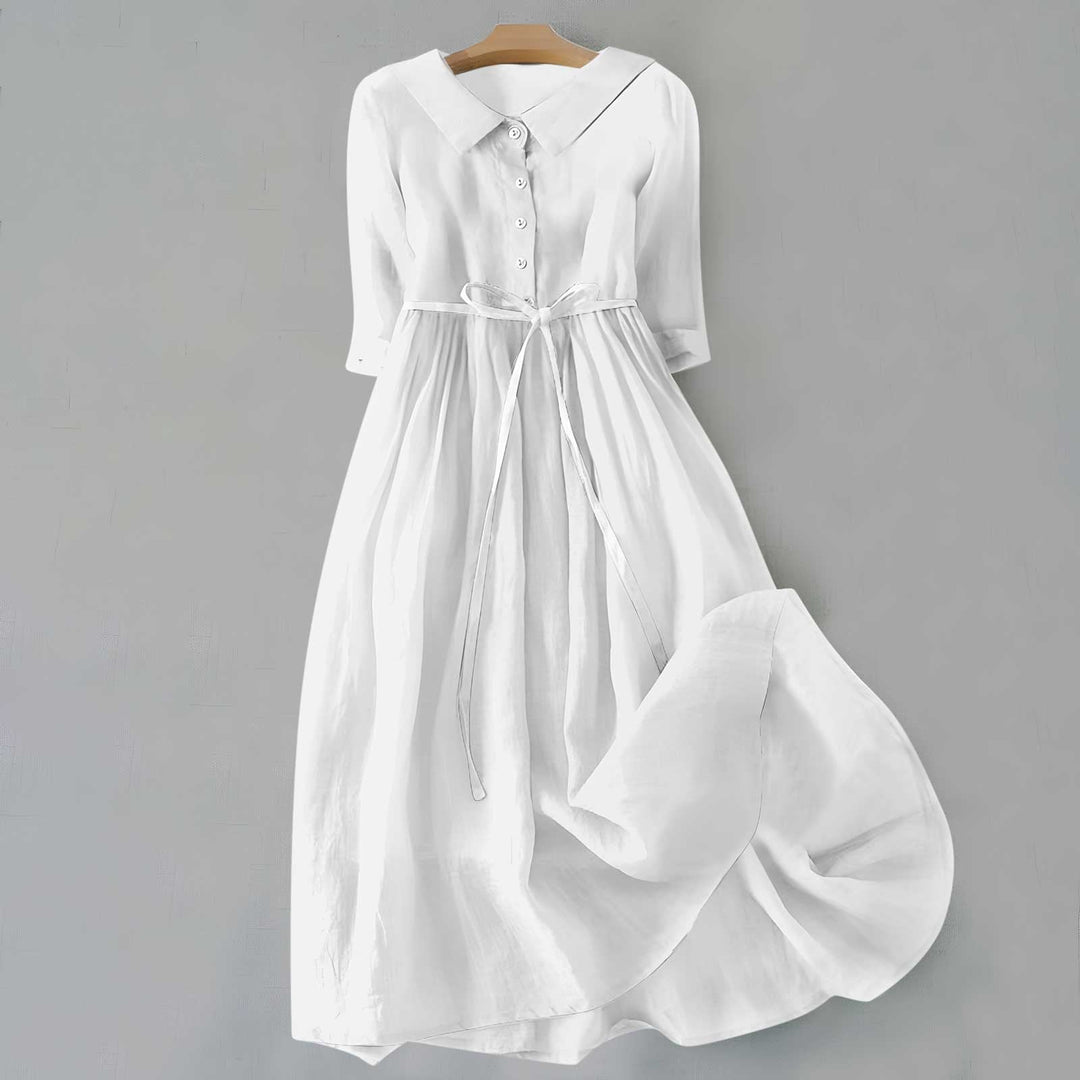 Solid color A-line midi dress for women, short sleeves, an effortless casual fashion staple.