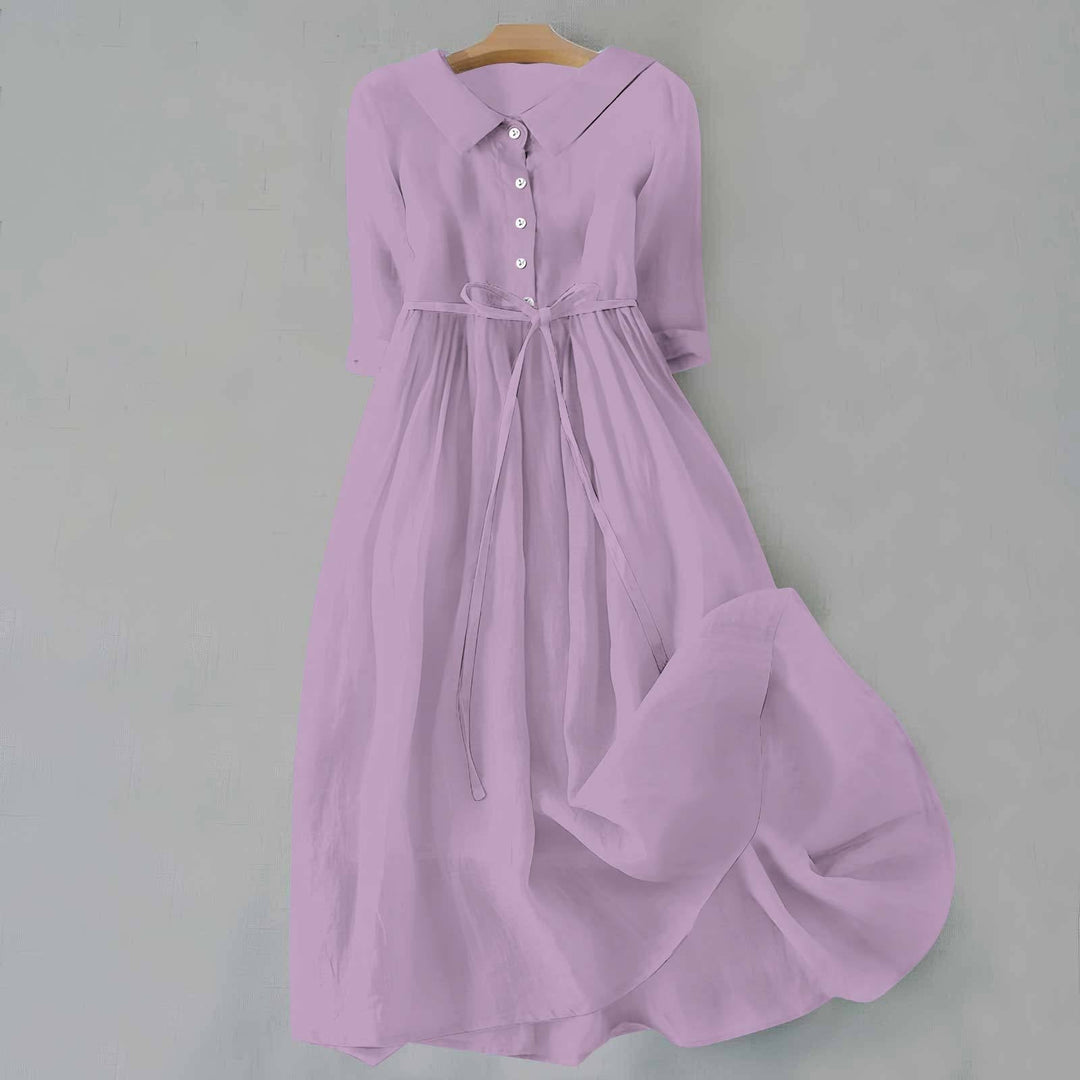 Elegant casual women's A-line midi dress, short sleeves, perfect for versatile spring/summer looks.