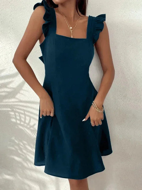 Playful women's ruffle strap mini dress, A-line, with a square neckline and a cute bow detail.
