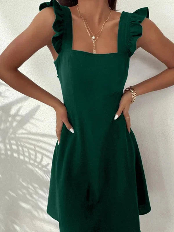 Casual summer women's mini dress with a square neckline, playful ruffle straps & a back bow.