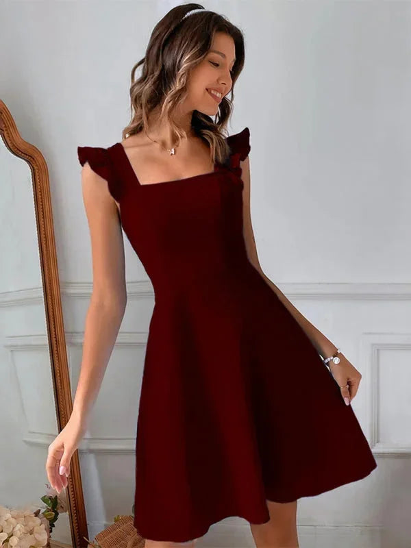 Cute square neck A-line mini dress for women, featuring lovely ruffle straps and a bow tie back.
