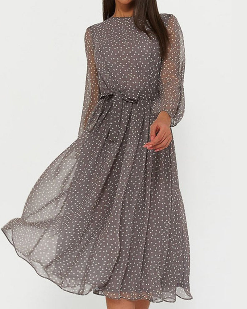 Women's A-Line polka dot dress with elegant lantern sleeves and knee-length hem for spring & autumn casual wear.