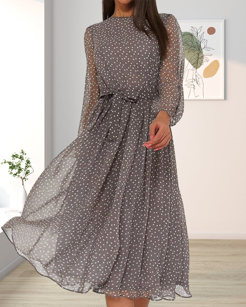 Casual women's A-line polka dot dress with comfortable loose fit, knee-length, and fashionable lantern sleeves.