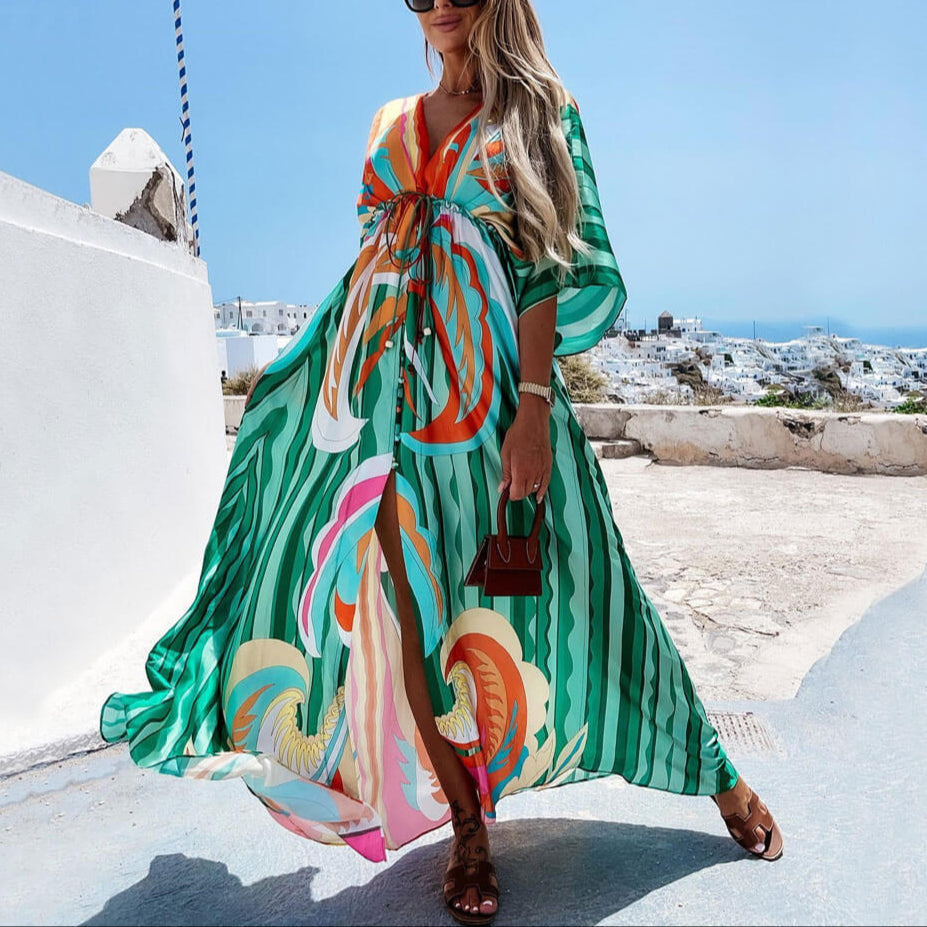 Women's abstract print maxi dress, flowy & chic, perfect for resort or summer vacation.