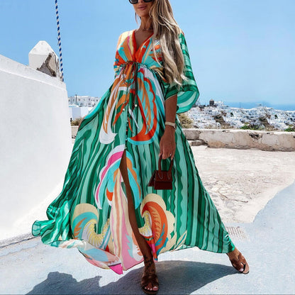 Women's abstract print maxi dress, flowy & chic, perfect for resort or summer vacation.