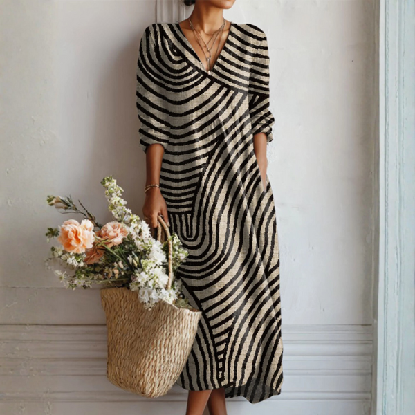 Women's abstract wave print V-neck long sleeve maxi dress for elegant casual wear, perfect for spring & summer.