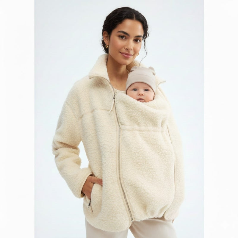 Cozy adaptive maternity & baby carrier jacket for women, providing warmth and comfort through all stages.