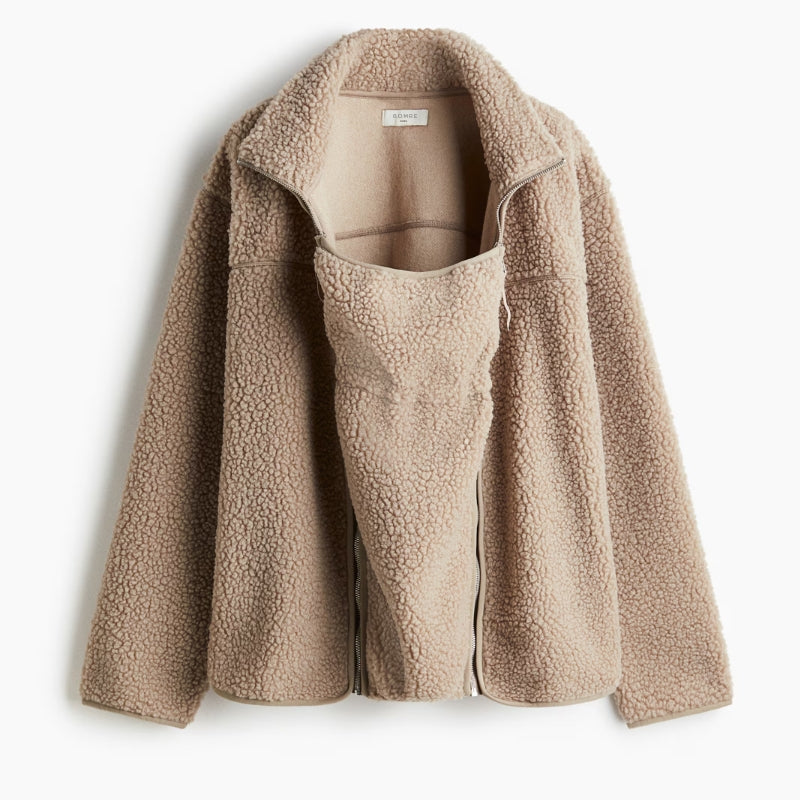 Warm adaptive motherhood jacket, designed for pregnancy and comfortable babywearing, a fall/winter essential.