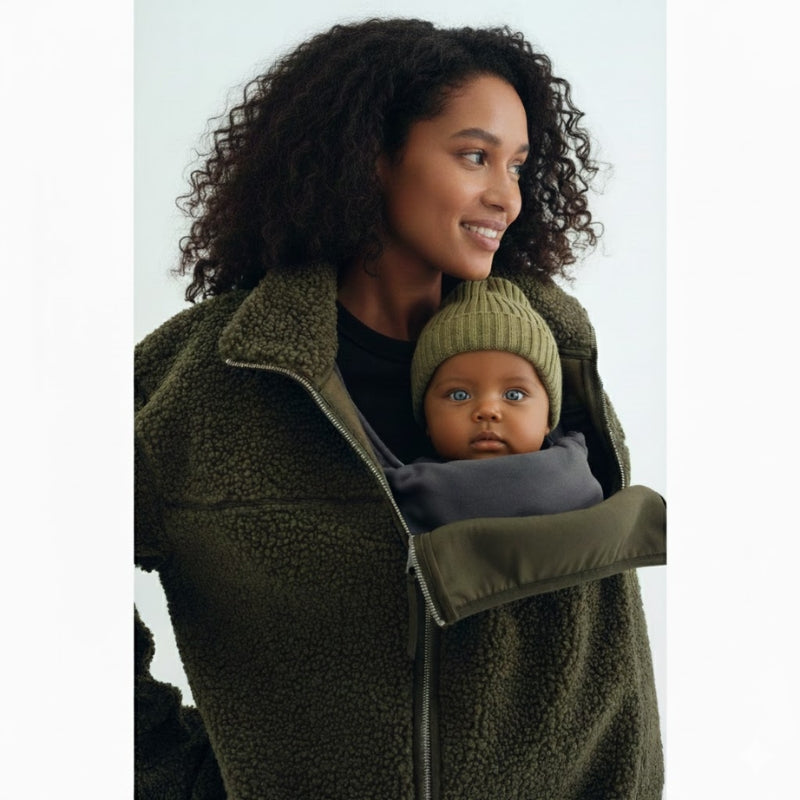 Versatile women's jacket: adaptive for maternity, baby carrier compatible, offering cozy comfort & style.