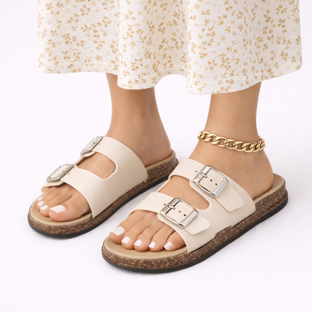 Durable women's adjustable double strap flat sandals, designed for walking and all-day comfort.