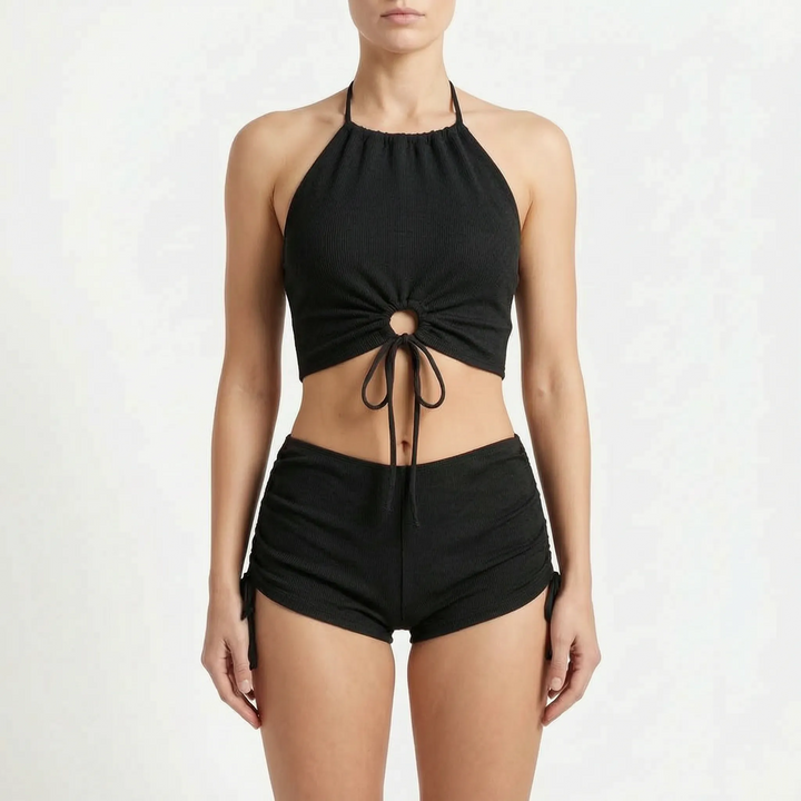 Quick-dry women's halter tankini & boyshort set. Adjustable two-piece swimwear for summer vacation comfort.