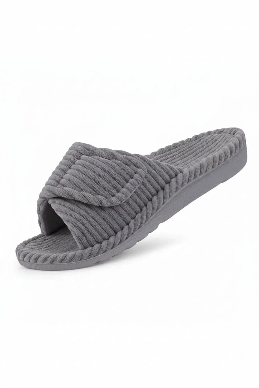 Front view of women's slip-on open-toe adjustable slippers, essential for daily comfort & home wear.