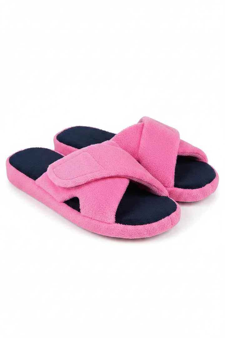 Full view of women's slip-on open-toe comfort slippers, ideal for lounging and home wear.