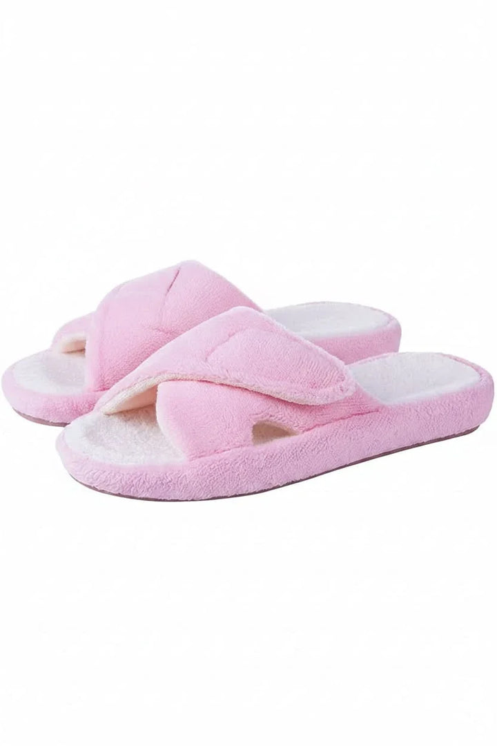 Side view of a women's cozy open-toe slipper with an adjustable strap for personalized comfort footwear.
