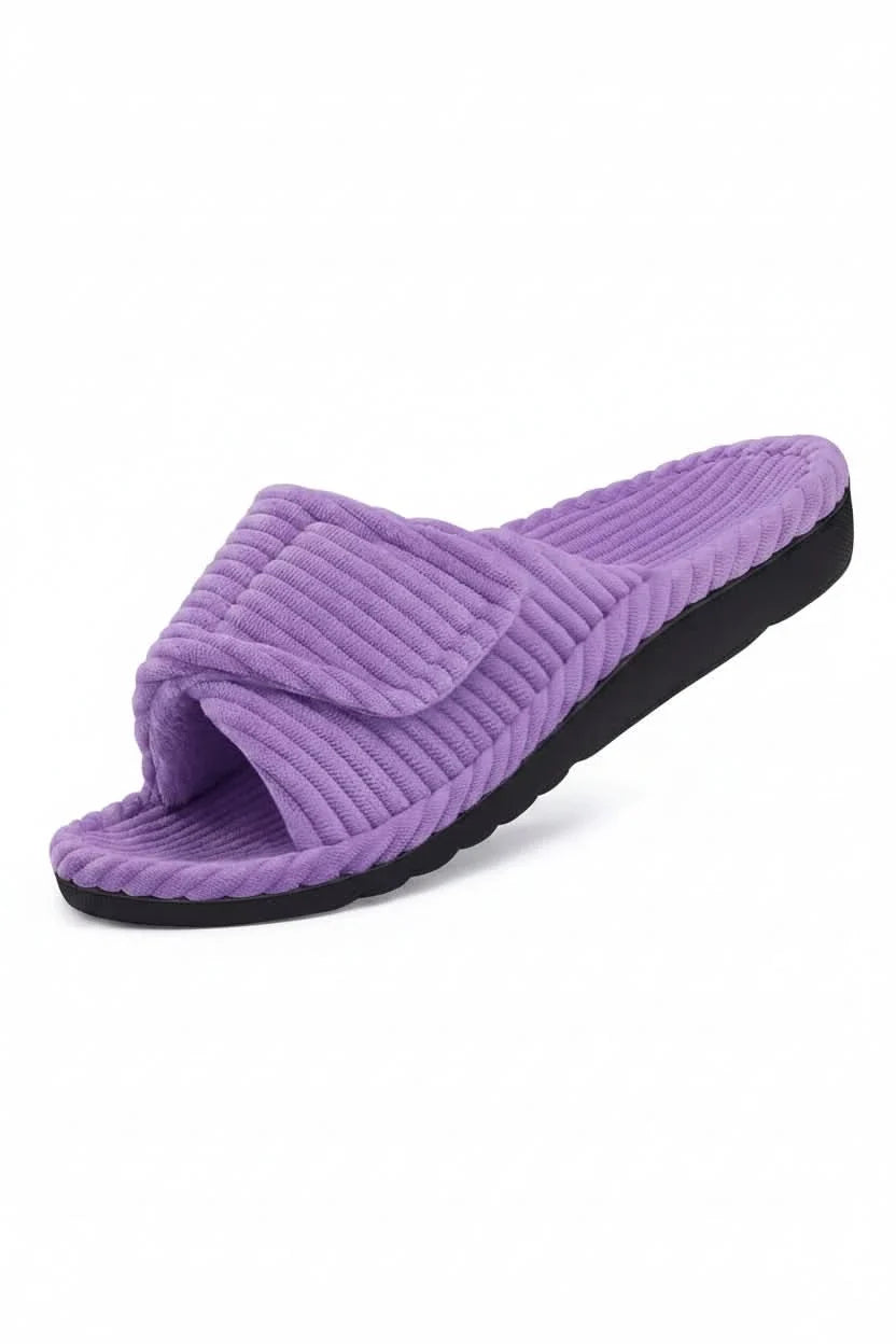 Top-down view of women's comfortable open-toe slippers, featuring an adjustable design for home wear.